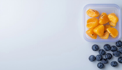 Fresh fruit in container, featuring vibrant orange slices and dark blue blueberries, evokes healthy and refreshing snack option