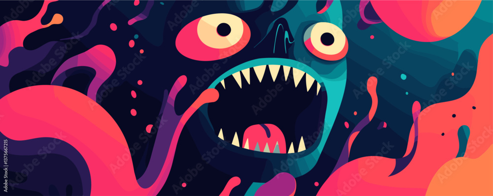 Poster abstract colorful monster with sharp teeth in vivid surreal art style - vector.