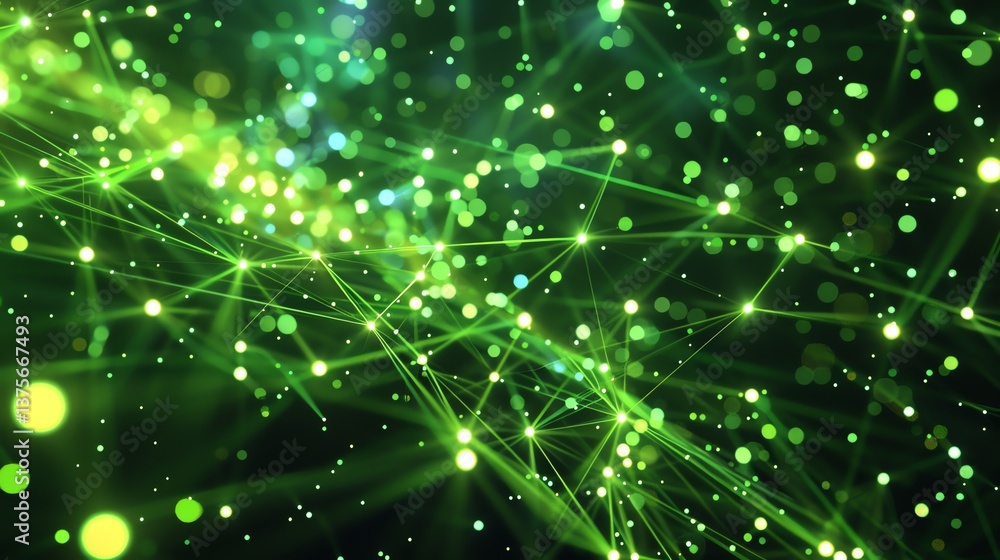 Poster glowing green particles form a beautiful network of connections. the glowing green particles represe
