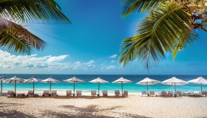 Fototapeta premium beach umbrellas on the tropical beach with palm trees