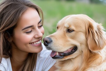 In a serene park setting, a woman joyfully smiles at her golden retriever, highlighting the deep connection and affection shared between them, surrounded by nature's beauty.