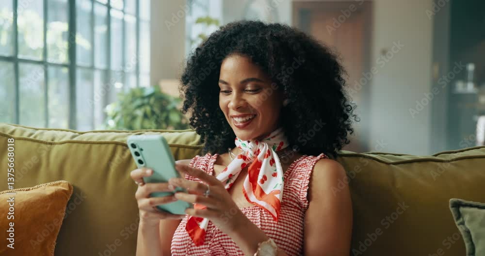 Aufkleber home, smile and woman on sofa, cellphone and email with connection, social media and internet. apart