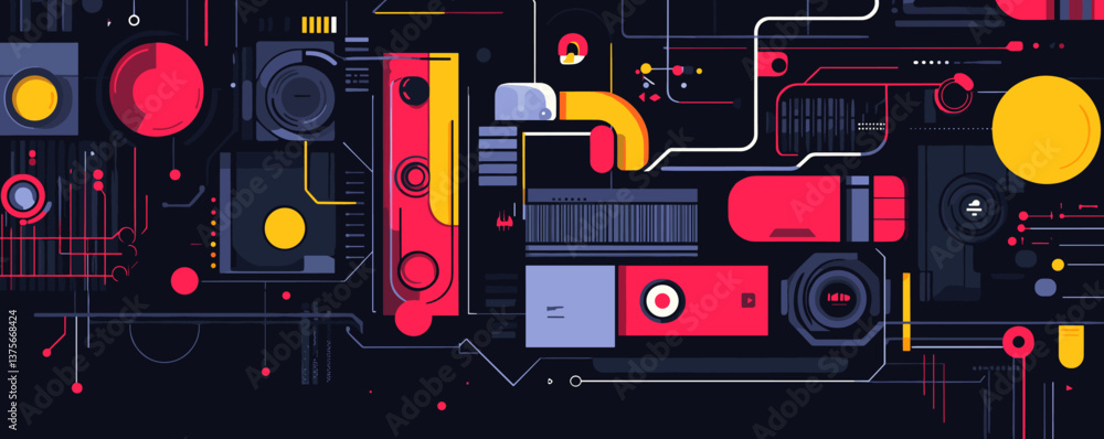 Poster abstract geometric tech design with red and black circuit motifs - vector.