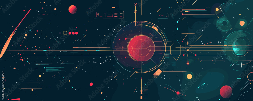 Aufkleber futuristic space-themed abstract artwork with celestial elements and geometric patterns, vector.