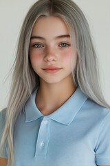 Fototapeta premium Portrait of a Young Girl with Long Silver Hair Wearing a Light Blue Polo Shirt