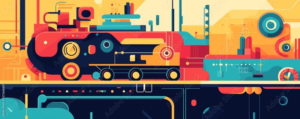 Poster futuristic abstract machine and geometric shapes in dynamic colors – vector.