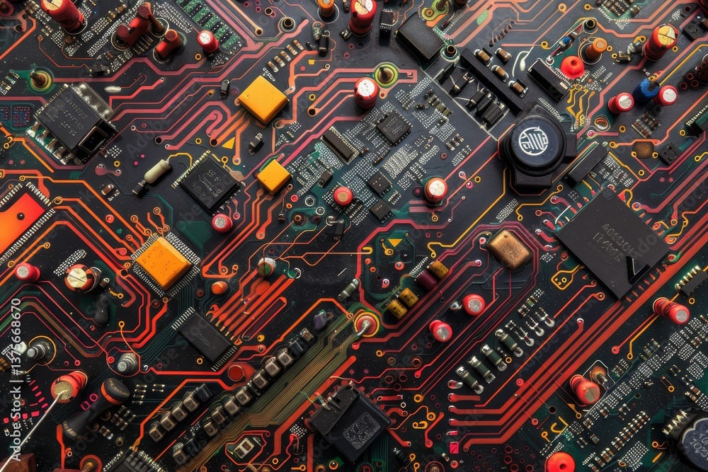 Poster intricate circuit board image with wire patterns, topaz, red elements, circuit boards with intricate
