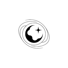 Minimalist Moon and Star Icon with Swirls - Black & White, Celestial Design