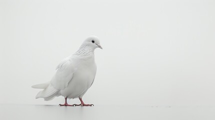 A graceful white dove stands alone on a solid white background.