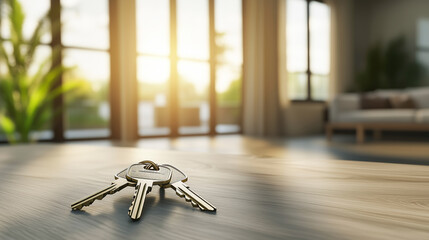Keys on wooden table in modern living room with sunlight through large windows