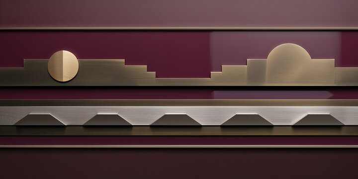 Art Deco Inspired Design Featuring Geometric Shapes and Metallic Accents on a Maroon Background