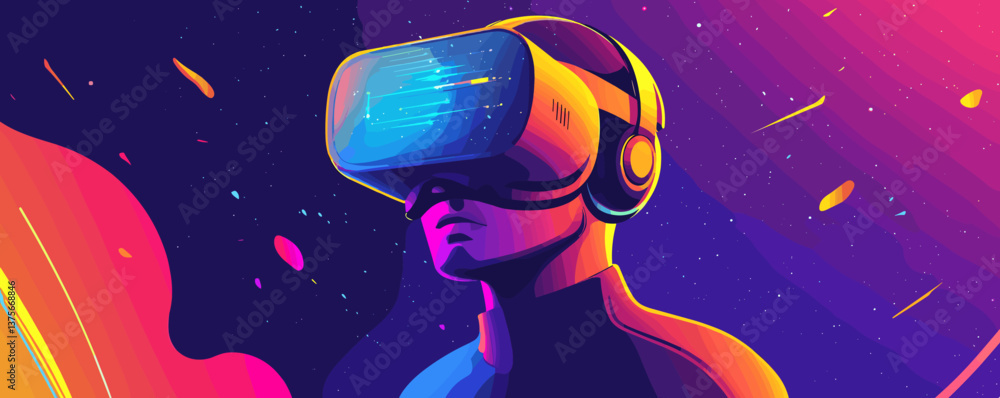 Poster futuristic virtual reality headset on a male figure in a colorful outer space background - vector.