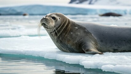 Obraz premium Save Arctic climate Resting bearded seal on thin ice sheet, highlighting climate change and environmental protection issues in the Arctic. Environmental protection and global warming.
