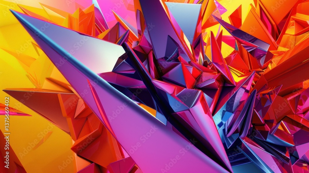 Poster an abstract 3d design with sharp angles and bright colors.
