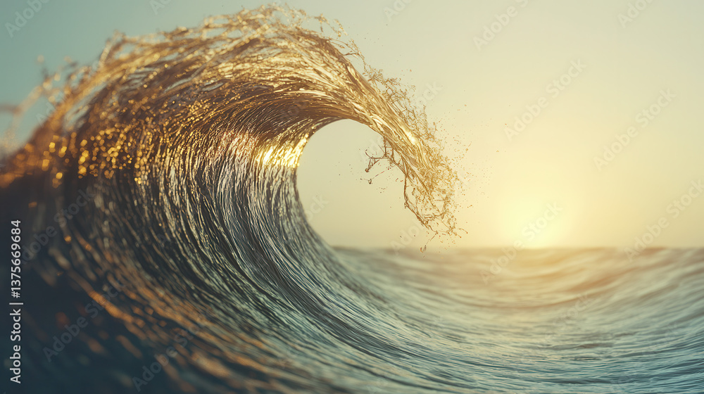 Poster golden wave curls dynamically under warm sunlight, creating surreal and serene oceanic scene