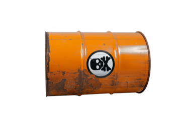 Barrel with toxic waste. Biohazard warning sign human skull with two crossed bones behind it. The symbol indicates that hazardous products death or poisoning. Rusty dangerous barrel with pathogens