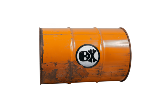 Barrel with toxic waste. Biohazard warning sign human skull with two crossed bones behind it. The symbol indicates that hazardous products death or poisoning. Rusty dangerous barrel with pathogens
