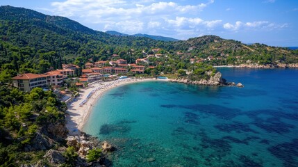 Fototapeta premium Aerial view of a secluded beach cove with turquoise water, golden sand, and lush green hills.