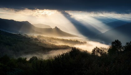 Fototapeta premium dramatic light rays piercing misty cinematic landscape stock photo