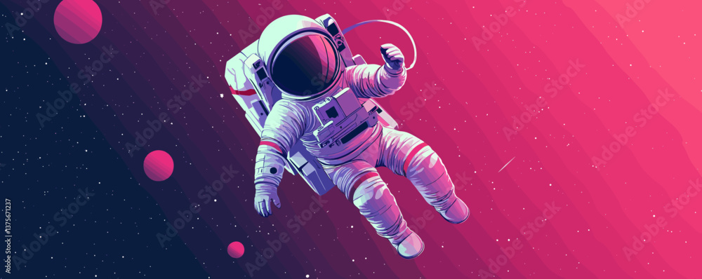 Poster astronaut floating in space with pink galaxy background - vector.