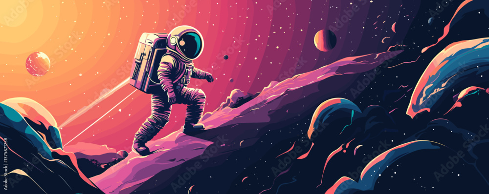 Poster astronaut exploring colorful alien planet landscape with planets in distant galaxy - vector.