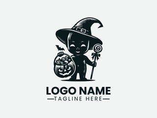 Skinned Boy Witch Hat Candy Basket Holiday Vector Logo Design, Boy Witch Hat Candy Logo