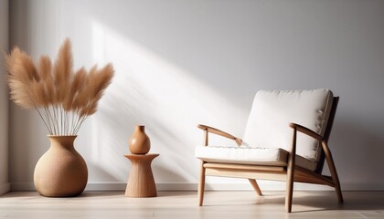 Empty White Wall Mockup in Scandinavian Interior with Wood Armchair and Ceramic Vase. Natural Daylight From a Window. Promotion Background.