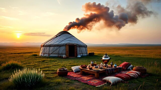 Yurt tent in tranquil sunset with rising smoke over serene grasslands
