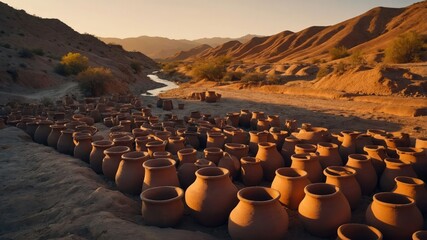 Fototapeta premium Terracotta Pots Array in Desert Landscape under Warm Sunset Light