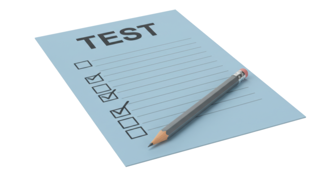 Isolated Test Sheet with Checkmarks and Pencil Ready