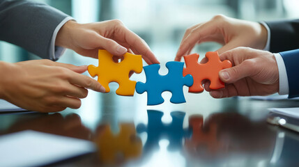 Collaborative puzzle solving office meeting room business strategy professional environment close-up view team building concept