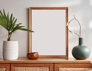 blank framed poster mock up mid century living room minimalistic