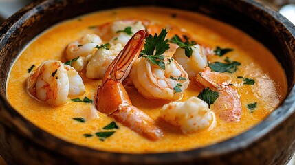 A beautifully arranged shrimp dish swimming in a luscious creamy sauce garnished with herbs creates an enticing visual that celebrates culinary delight and gourmet presentation.