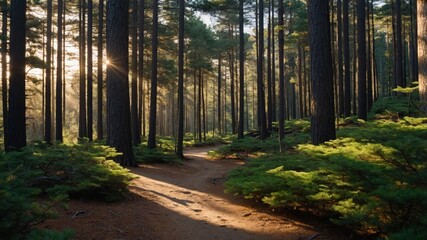 Fototapeta premium Walking Path Through Forest with Sunlight Streaming Through Tall Trees