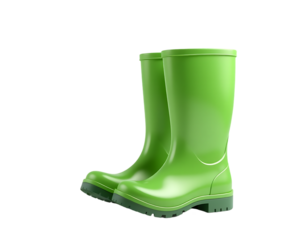 Pair of bright green rain boots isolated on transparent background