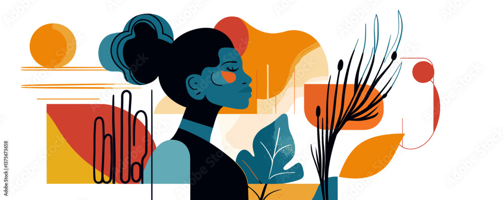 Poster abstract portrait of woman with geometric shapes and nature elements in profile view - vector.