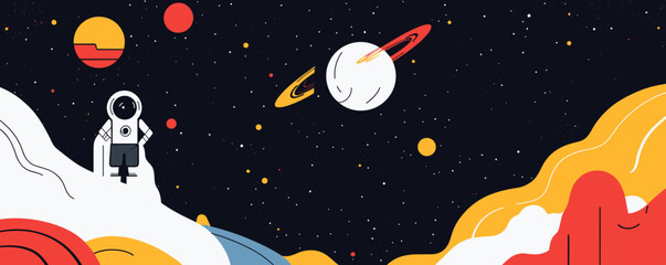 Astronaut on a colorful alien planet with rings and stars in space vector.
