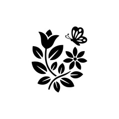 Elegant Floral Silhouette: Butterfly, Flowers & Leaves on White
