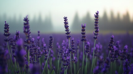 Obraz premium Dreamy Lavender Field in Morning Mist with Soft Light and Nature's Serenity