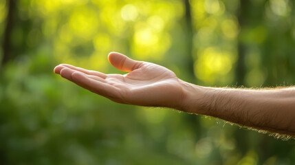 open hand extends gracefully against lush, green forest background, evoking tranquility