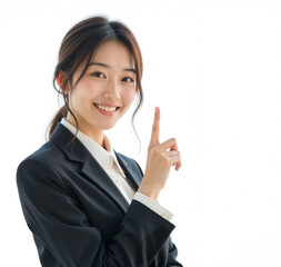 Smiling Business Woman Pointing Up on a White Background
