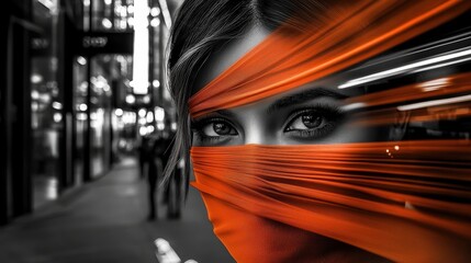 This enchanting portrait highlights mesmerizing eyes partially veiled by orange silk, creating an aura of mystery and elegance in a captivating urban setting.