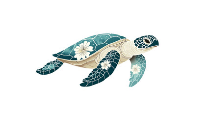 Ornate Sea Turtle with White Flowers, Teal and Beige Tones