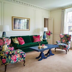 Elegant living room with vibrant floral armchairs, a plush green sofa, and a deep blue coffee table. A stylish and comfortable space.