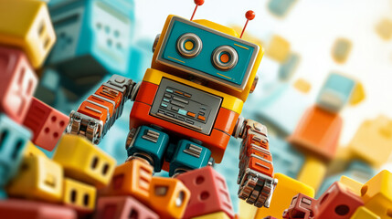 Robot adventure among colorful blocks playroom digital art fun environment close-up view playful concept