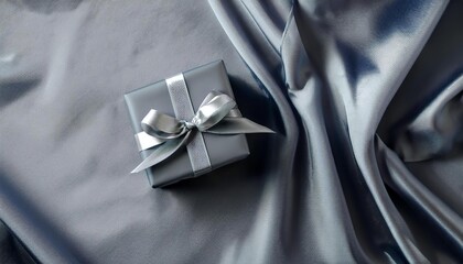 Gray Gift Box with Silver Ribbon on Fabric Background. Top View of Graduation Gifts with Copy Space