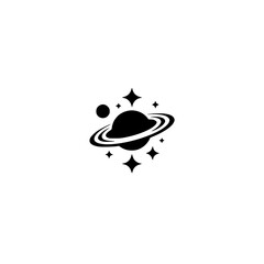 Minimalist Black & White Space Icon: Planet & Stars on White Background