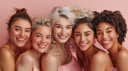 Obraz premium Diverse Beauty, Young Multiracial Women with Flawless Skin on Pink Background.