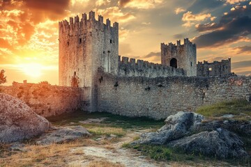 Fototapeta premium Historic castle at sunset with dramatic sky over ruins and stone walls in the countryside