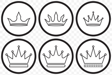 Crown icons set of 6. Crown symbol collection. Vector illustration. Crown king mega icon set on Transparent Background.